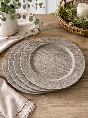 Set of 4 Gray Faux Wood Charger Plates 13” Plastic Rustic Farmhouse Table